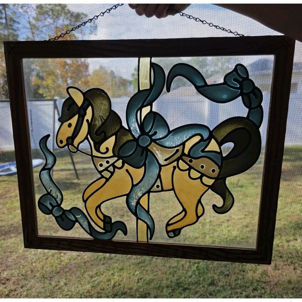 VTG Painted Glass Carousel Horses Window Panel Wood Frame 22"x18" Hanging Art‎